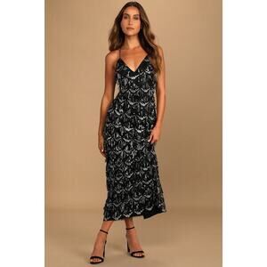 Lulus Marvelous Moment Black Sequin Fringe Maxi Dress - Size M